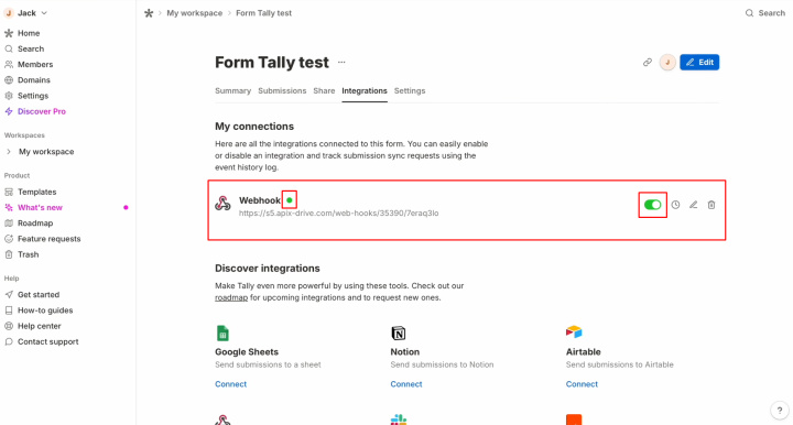 Интеграция Tally и ActiveCampaign | Убедитесь, что система Webhook включена