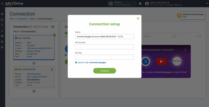 Интеграция Tally и ActiveCampaign | Окно для домена API и ключа API