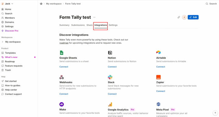 Інтеграція Tally та ActiveCampaign | Перейдіть до розділу «Integrations»