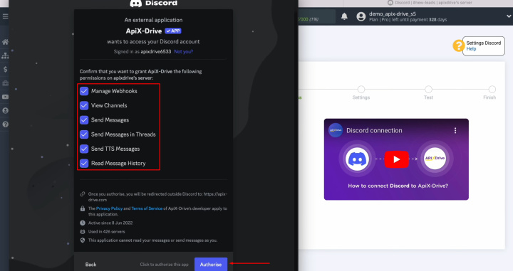 Інтеграція HelpCrunch та Discord | Переконайтеся, що всі прапорці ввімкнено