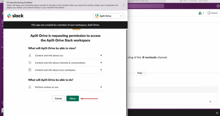 Надайте ApiX-Drive доступ для роботи з вашим обліковим записом Slack