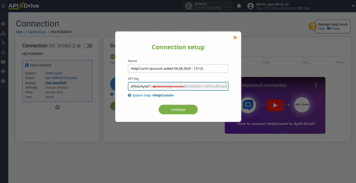 Інтеграція HelpCrunch та Discord | Вставте ключ API у відповідне поле в ApiX-Drive