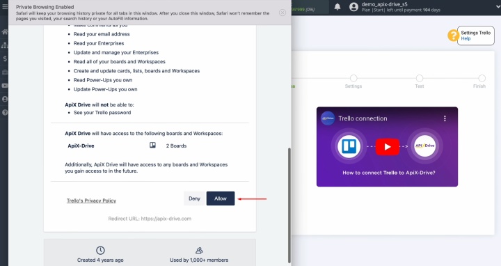 Надайте ApiX-Drive доступ для роботи з вашим обліковим записом Trello Надайте ApiX-Drive доступ для роботи з вашим обліковим записом Trello