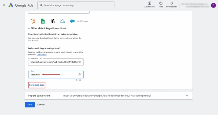 Натисніть "Send test data" Натисніть "Send test data"