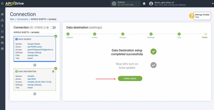 Інтеграція Google Таблиць і Airtable | Натисніть на зелену кнопку «Увімкнути оновлення»