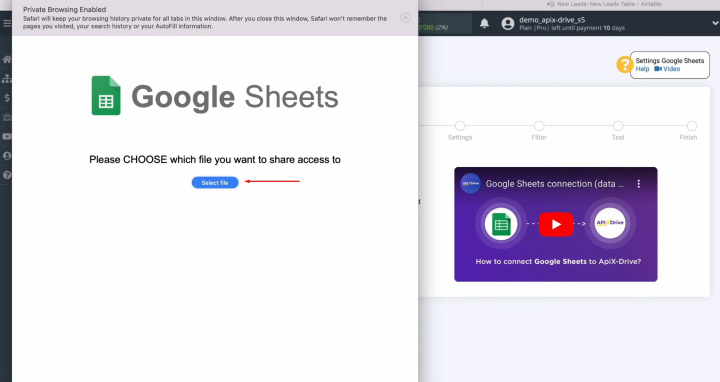 Інтеграція Google Таблиць і Airtable | Натисніть на кнопку «Вибрати файл»