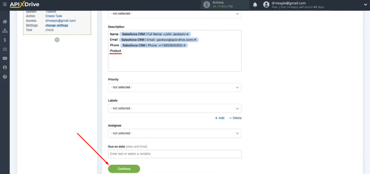 Інтеграція Salesforce і Todoist | Коли поля Todoist налаштовані, натисніть «Продовжити»