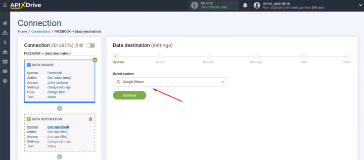 Інтеграція Facebook та Google Таблиць | Виберіть приймач даних